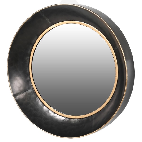 Modern Black Leather Round Wall Mirror – Iron Detailing & Elegant Design - Your Home Interiors - House & Home