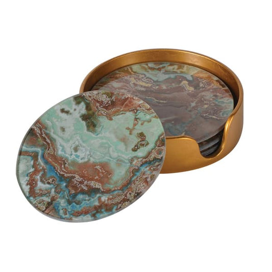 Elegant Multicolored Glass & Plastic Round Coaster Set – Marble Effect & Gold Holder - Your Home Interiors - House & Home