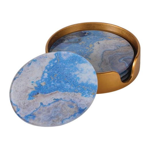 Elegant Blue Marble Effect Glass & Plastic Round Coaster Set – Gold Holder Included - Your Home Interiors - House & Home