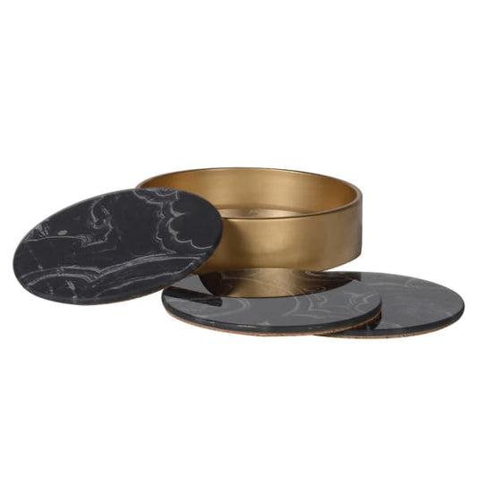 Elegant Black Marble Effect Glass & Plastic Round Coaster Set – Gold Holder Included - Your Home Interiors - House & Home