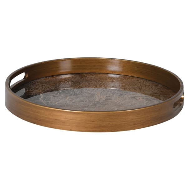 Elegant Brown Marble Effect Round Serving Tray – Glass Top & Cut Out Handles - Your Home Interiors - House & Home