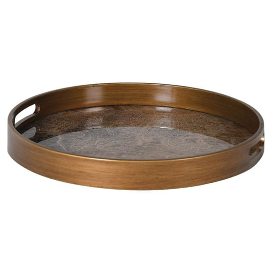 Elegant Brown Marble Effect Round Serving Tray – Glass Top & Cut Out Handles - Your Home Interiors - House & Home