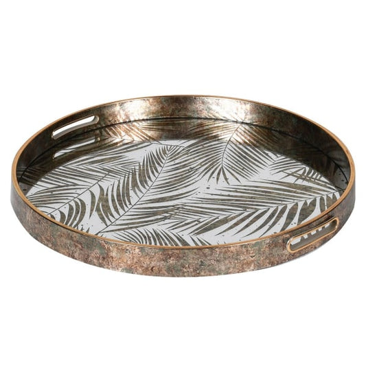 Elegant Tropical Palm Leaf Round Serving Tray – Glass Top & Vintage Gold Finish - Your Home Interiors - House & Home