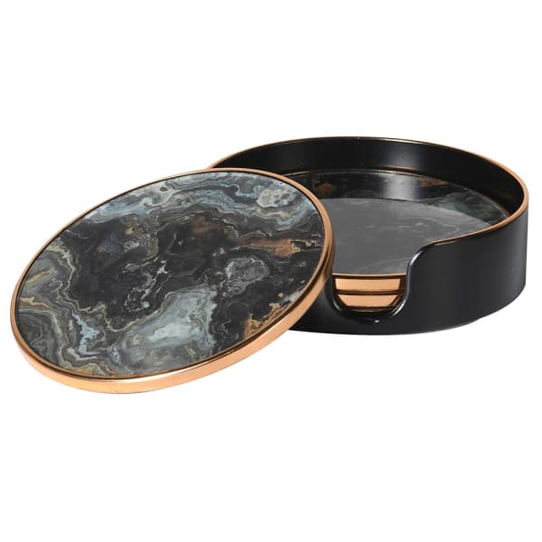 Elegant Black & Gold Marble Effect Round Coaster Set – Glass & Plastic with Holder - Your Home Interiors - House & Home