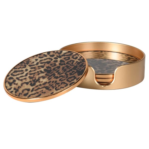 Elegant Leopard Print Glass & Plastic Round Coaster Set – Gold Holder Included - Your Home Interiors - House & Home