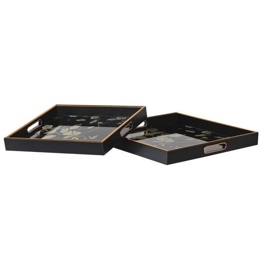 Luxury Black Floral Print Serving Tray Set – Glass Top & Elegant Gold Trim - Your Home Interiors - House & Home