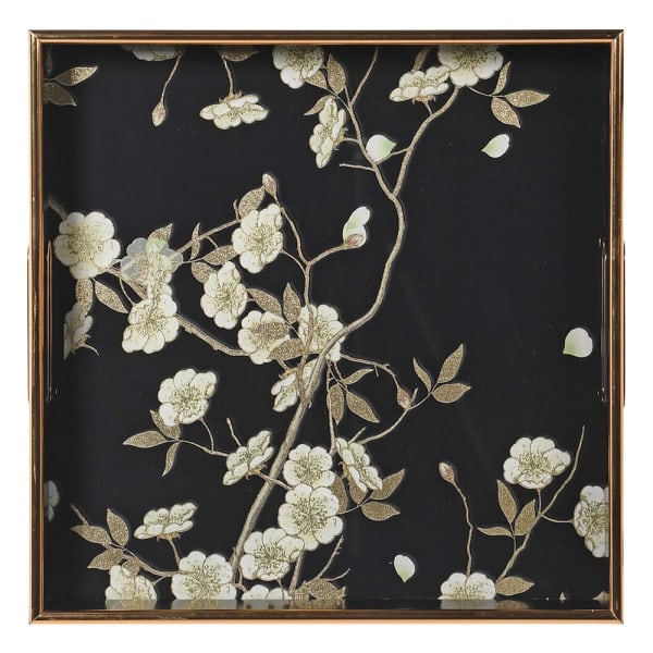 Luxury Black Floral Print Serving Tray Set – Glass Top & Elegant Gold Trim - Your Home Interiors - House & Home