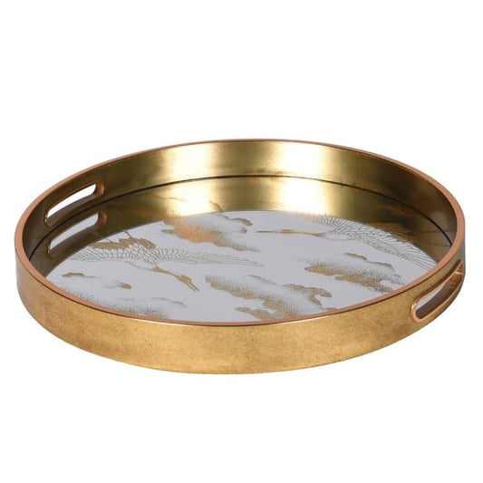 Luxury Gold Crane Print Round Serving Tray – Glass Top & Refined Design - Your Home Interiors - House & Home