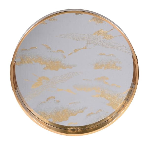Luxury Gold Crane Print Round Serving Tray – Glass Top & Refined Design - Your Home Interiors - House & Home