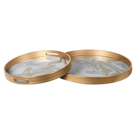 Elegant Gold & White Round Glass Serving Tray Set – Marble Design & Luxe Finish - Your Home Interiors - House & Home