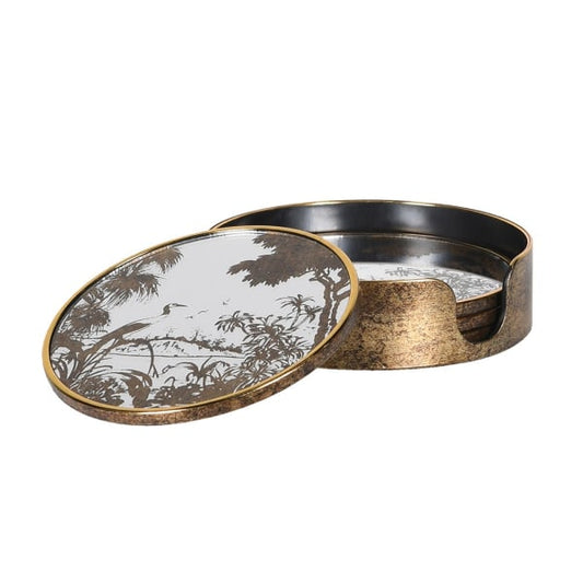 Elegant Gold & White Scenic Round Coaster Set – Plastic & Acrylic with Holder - Your Home Interiors - House & Home