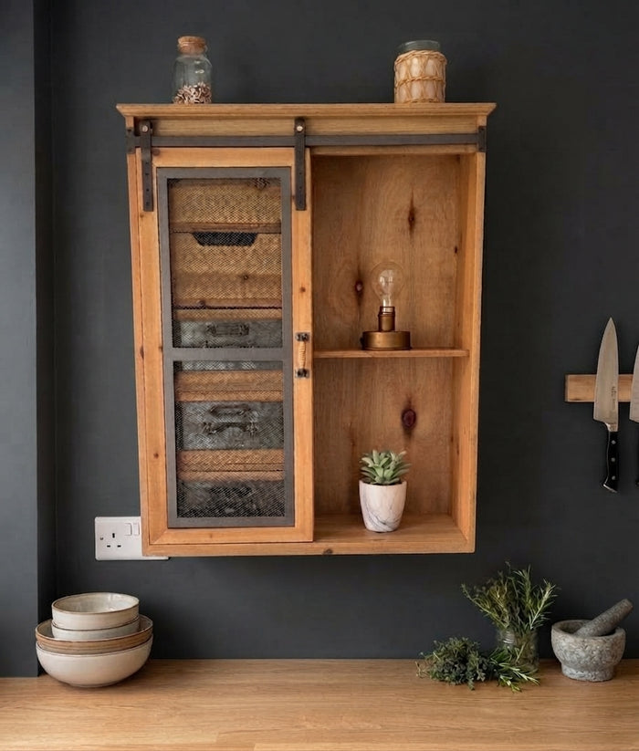 Industrial Wooden Wall Cabinet with Sliding Door & Drawers
