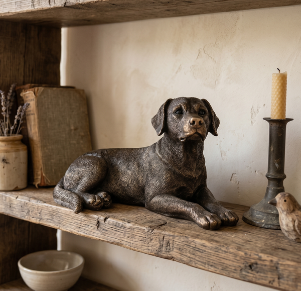 Bronze Labrador dog sculpture on a wooden shelf with a candle and books in the background