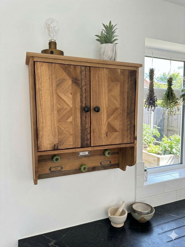 Farmhouse Wall Cabinet, 2 Doors, Rustic Wood, 3 Hooks, 48 x 40cm