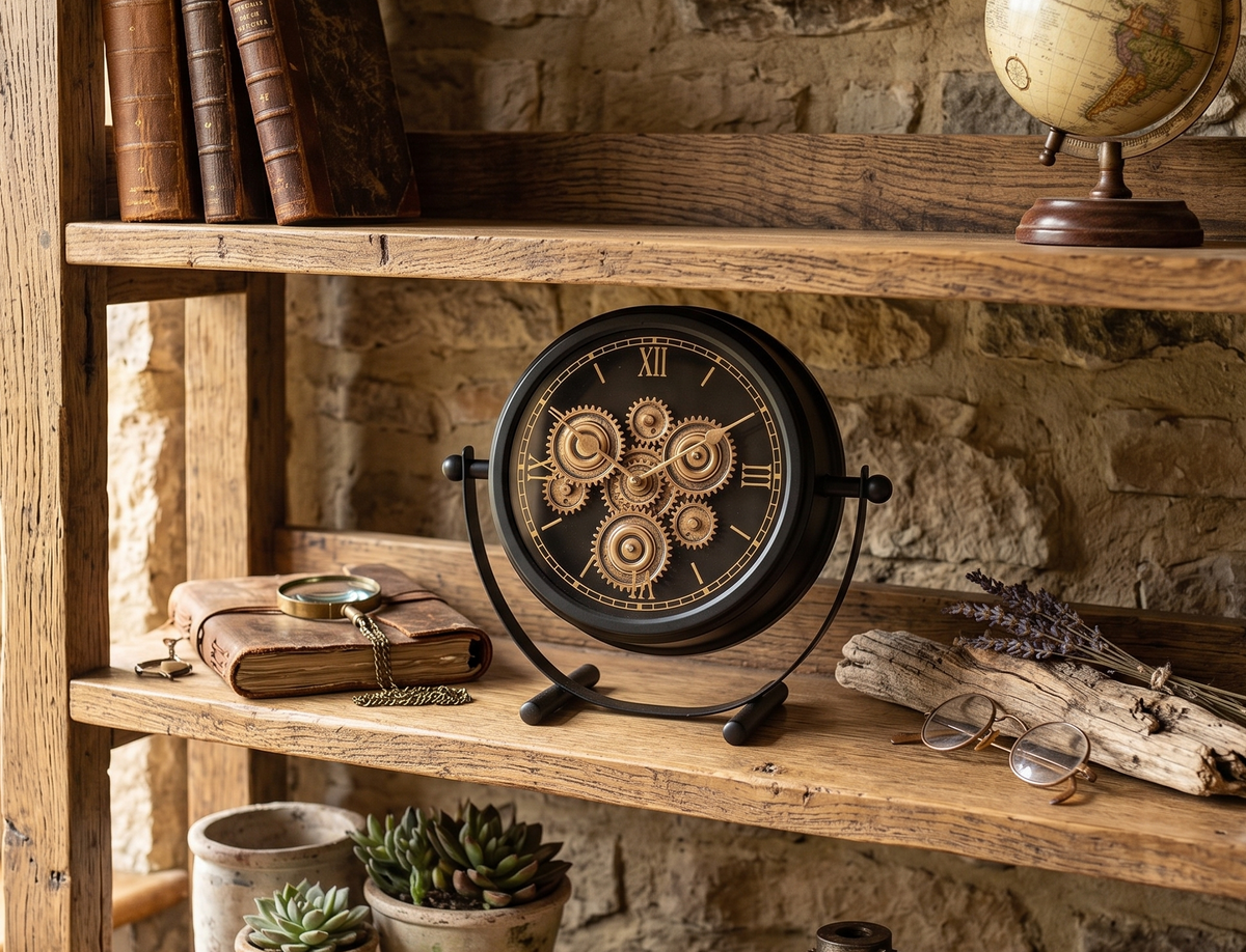 A decorative round wall clock with a black frame and a clock face made of interlocking wooden gears, displayed on a rustic wooden bookshelf against a stone wall.