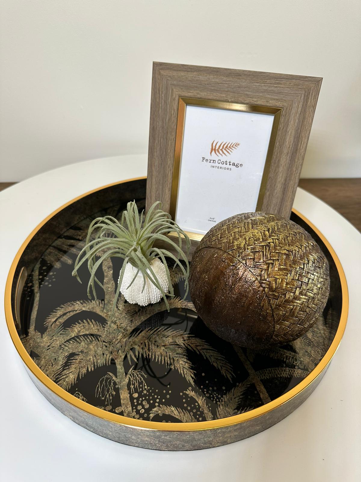 Elegant Palm Tree Round Serving Tray – Glass Top & Vintage Gold Accents