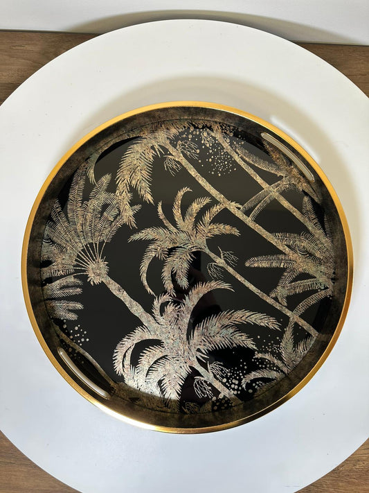 Elegant Palm Tree Round Serving Tray – Glass Top & Vintage Gold Accents