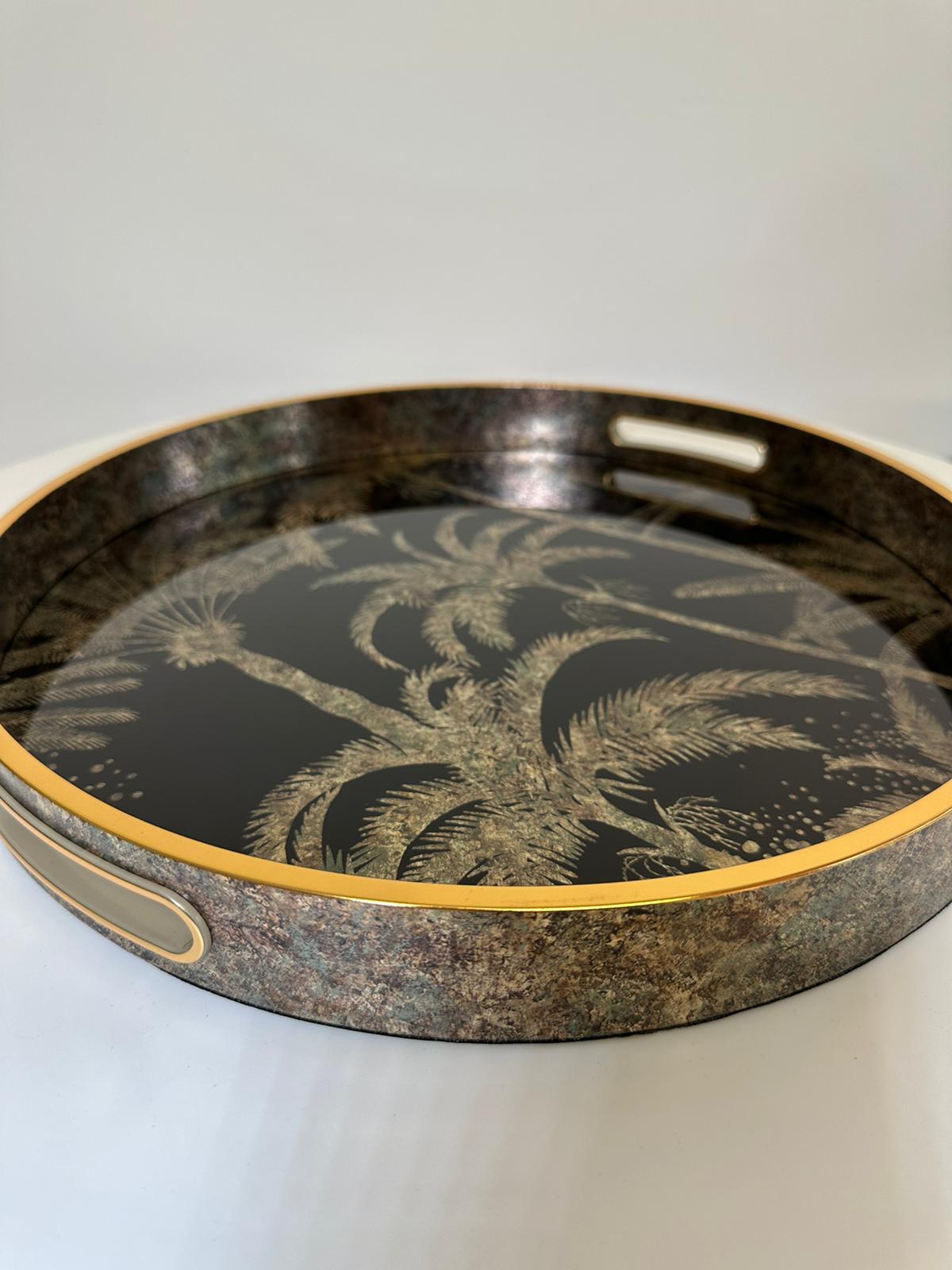 Elegant Palm Tree Round Serving Tray – Glass Top & Vintage Gold Accents
