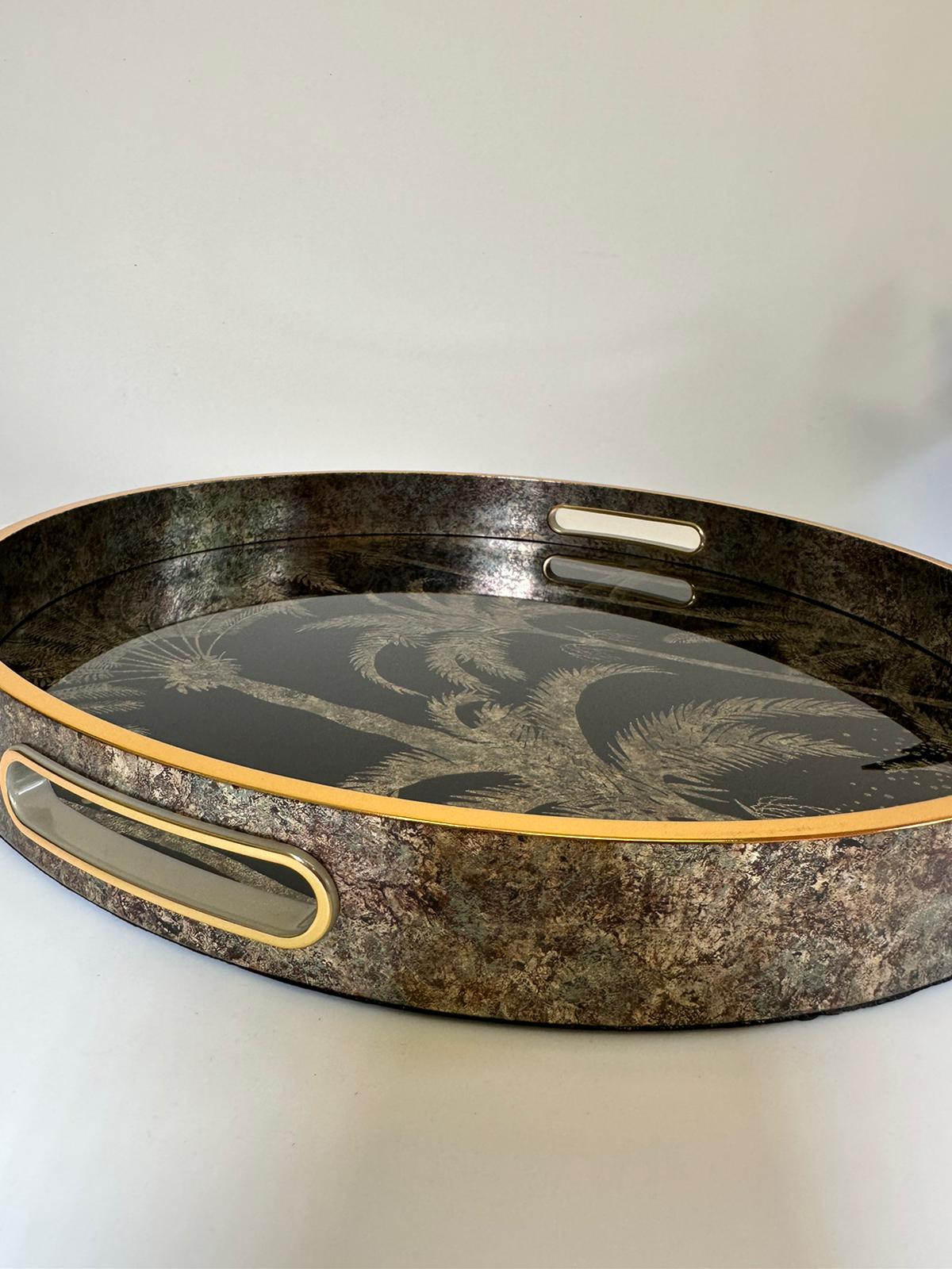 Elegant Palm Tree Round Serving Tray – Glass Top & Vintage Gold Accents