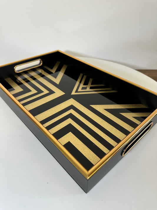 Modern Black & Gold Geometric Serving Tray – Glass Top & Sleek Finish
