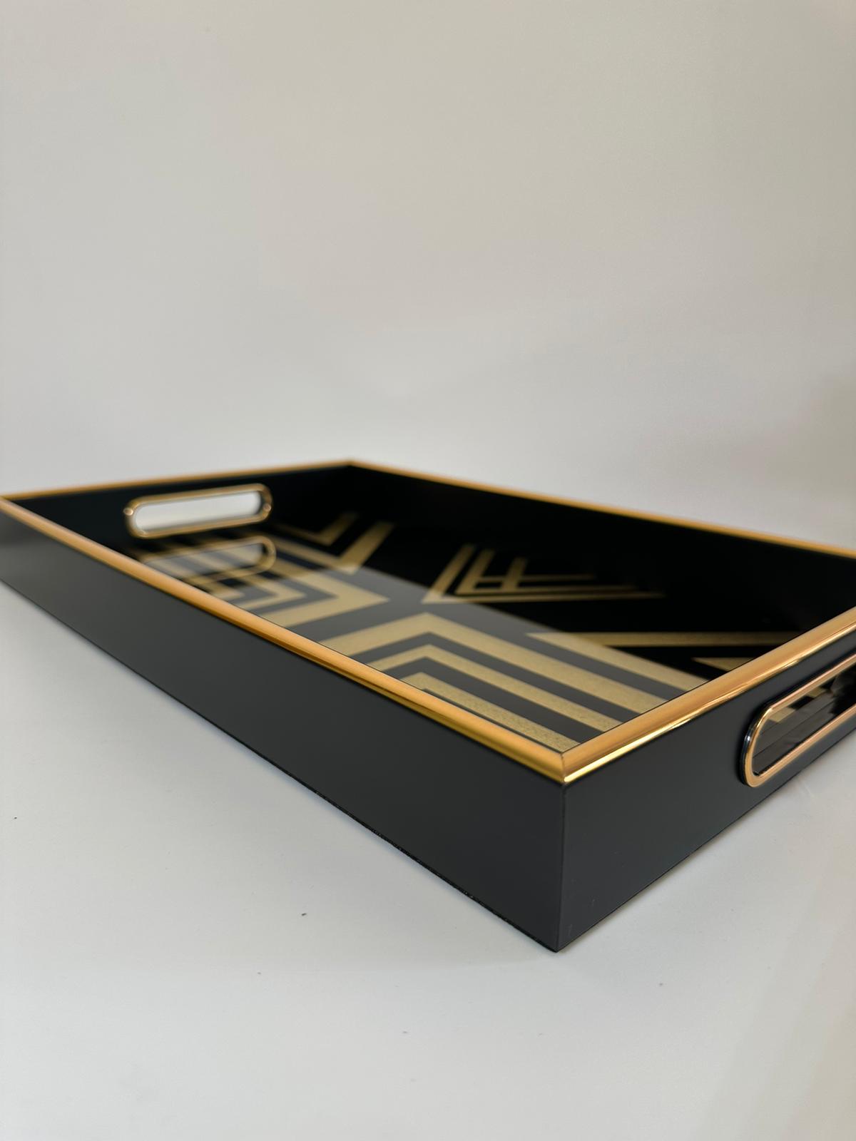 Modern Black & Gold Geometric Serving Tray – Glass Top & Sleek Finish