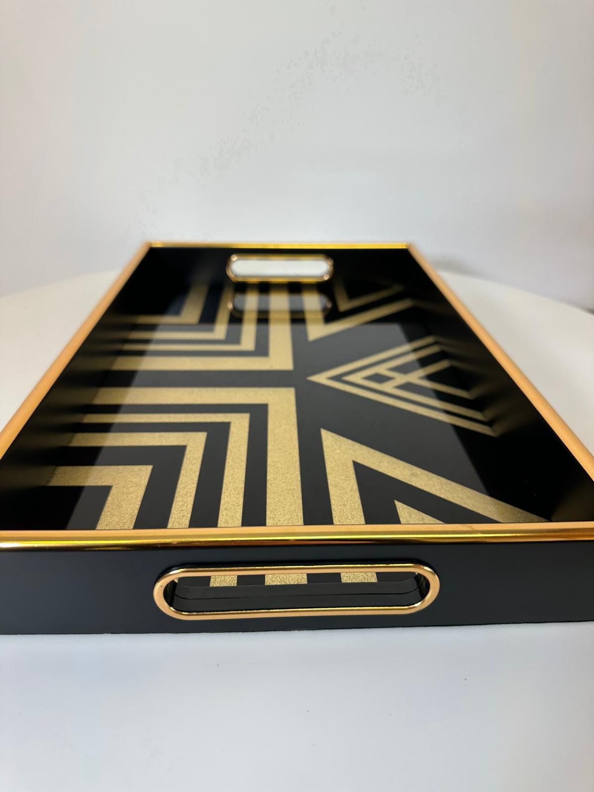 Modern Black & Gold Geometric Serving Tray – Glass Top & Sleek Finish