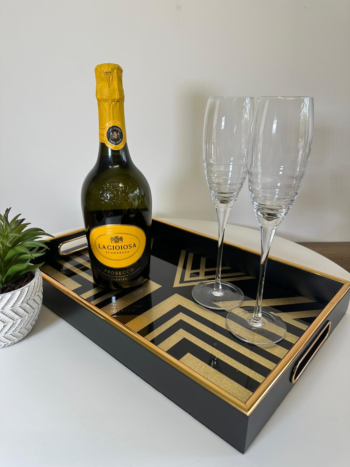 Modern Black & Gold Geometric Serving Tray – Glass Top & Sleek Finish