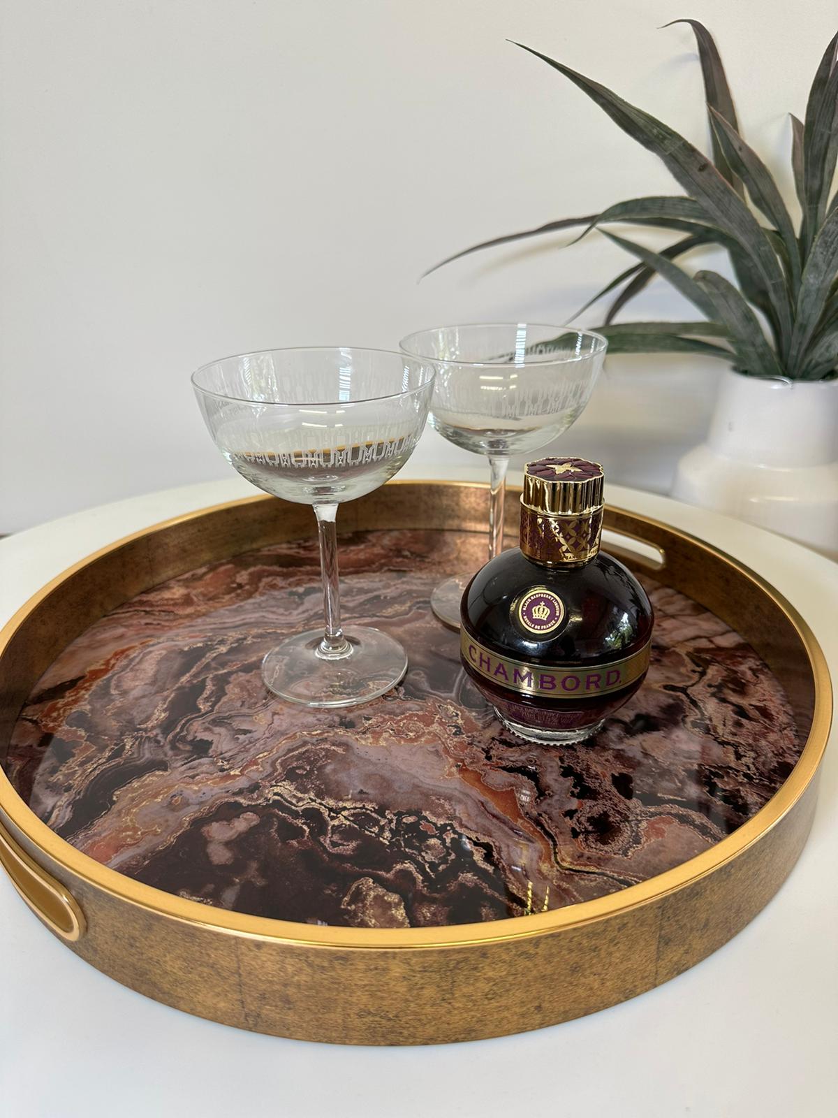 Gold Marble Effect Round Serving Tray – Glass Surface & Elegant Gold Finish