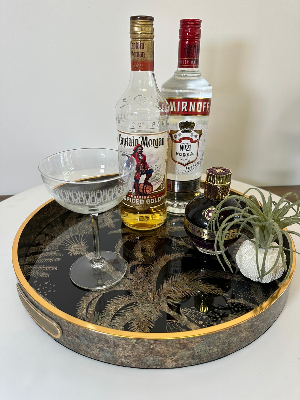 Elegant Palm Tree Round Serving Tray – Glass Top & Vintage Gold Accents