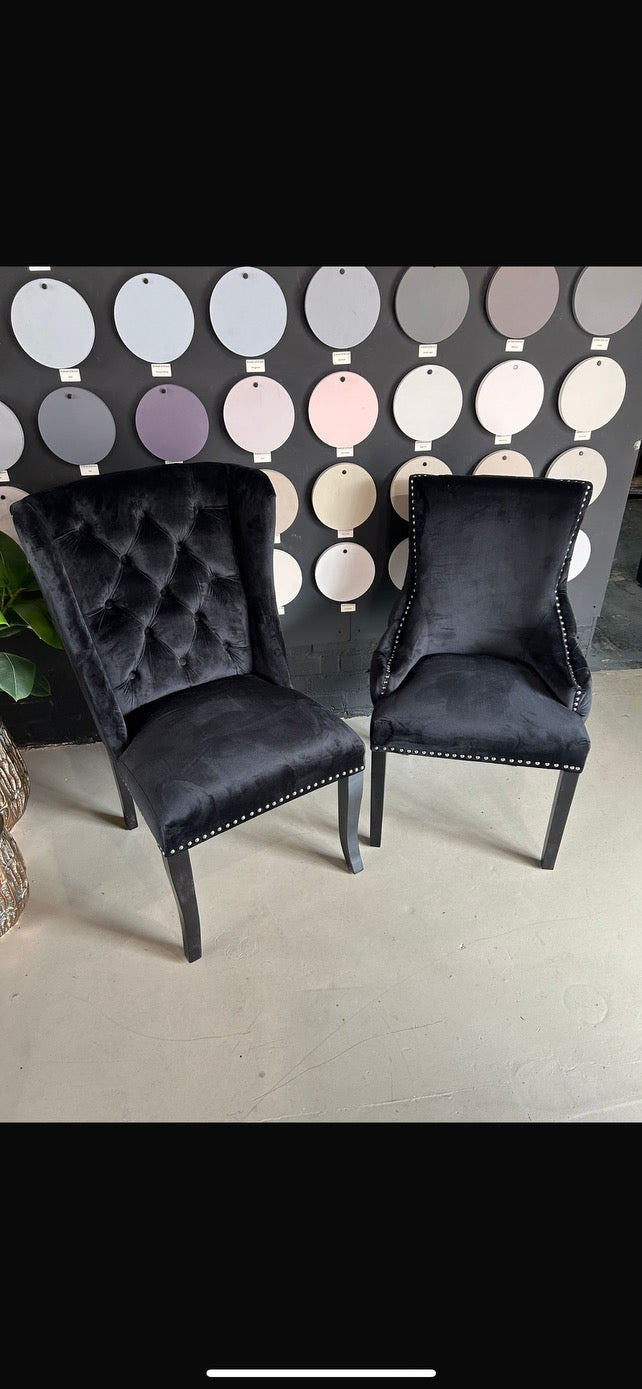 Sophisticated Black Velvet Wingback Chairs – Nailhead Trim & Wood Frame - 