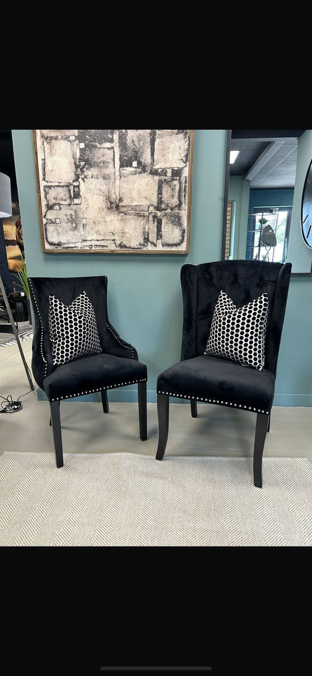 Sophisticated Black Velvet Wingback Chairs – Nailhead Trim & Wood Frame - 