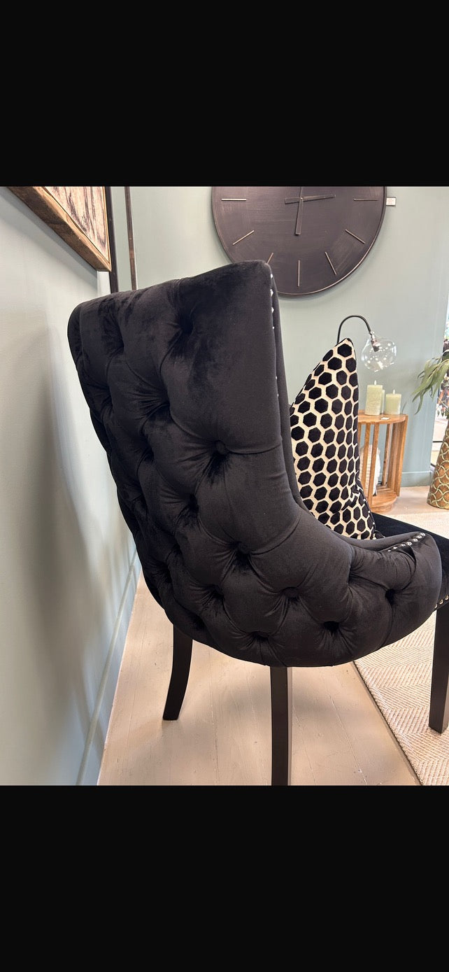 Sophisticated Black Velvet Wingback Chairs – Nailhead Trim & Wood Frame