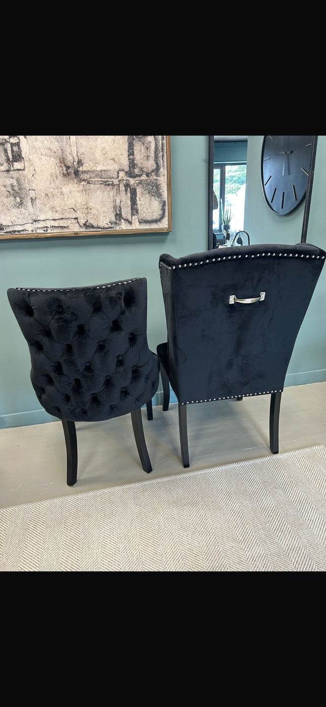 Sophisticated Black Velvet Wingback Chairs – Nailhead Trim & Wood Frame