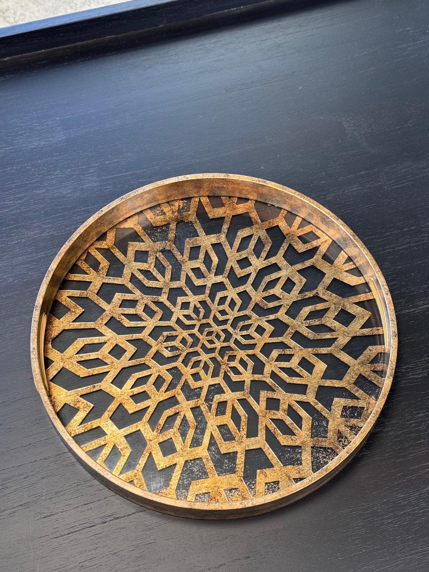 Elegant Brown & Glass Round Serving Tray – Geometric Pattern & Rustic Finish