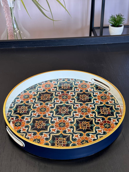 Elegant Multicolored Glass Serving Tray – Decorative Pattern & Gold Accents