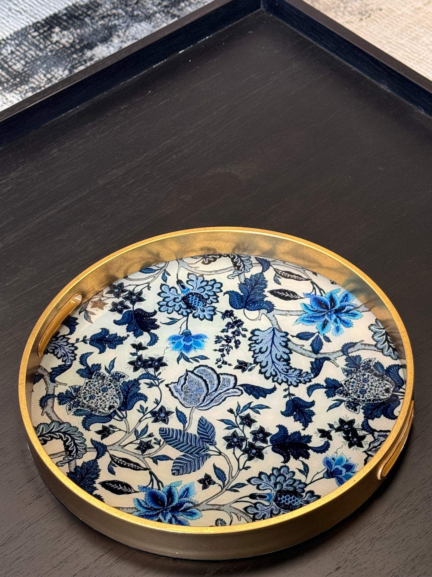 Elegant Gold & Glass Round Serving Tray – Floral Pattern & Vintage Charm