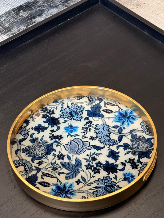 Elegant Gold & Glass Round Serving Tray – Floral Pattern & Vintage Charm
