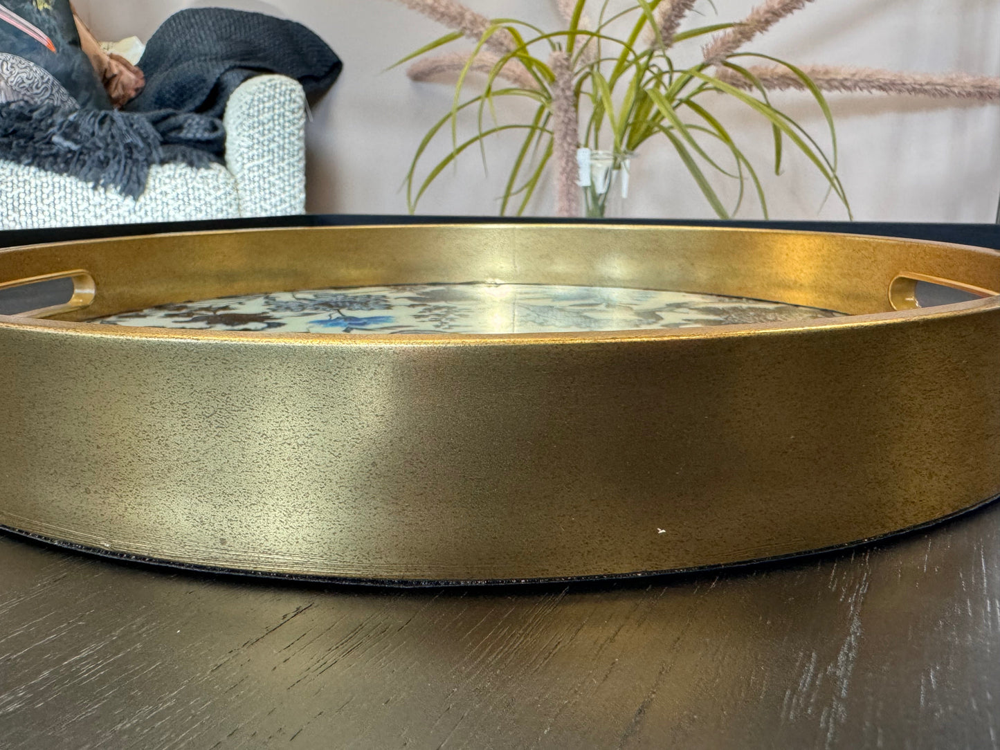 Elegant Gold & Glass Round Serving Tray – Floral Pattern & Vintage Charm