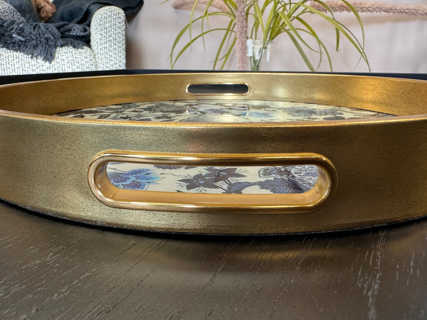 Elegant Gold & Glass Round Serving Tray – Floral Pattern & Vintage Charm
