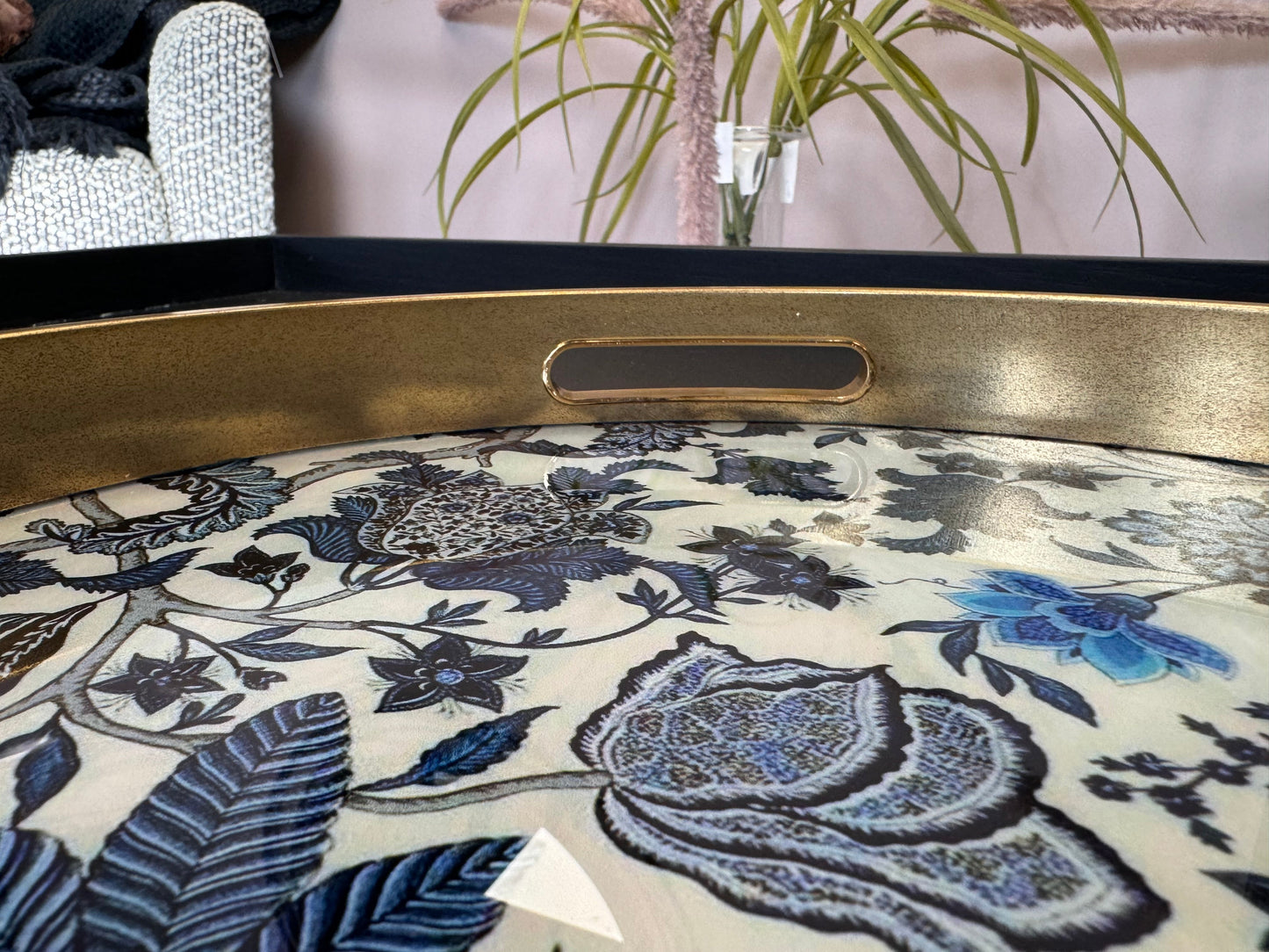 Elegant Gold & Glass Round Serving Tray – Floral Pattern & Vintage Charm