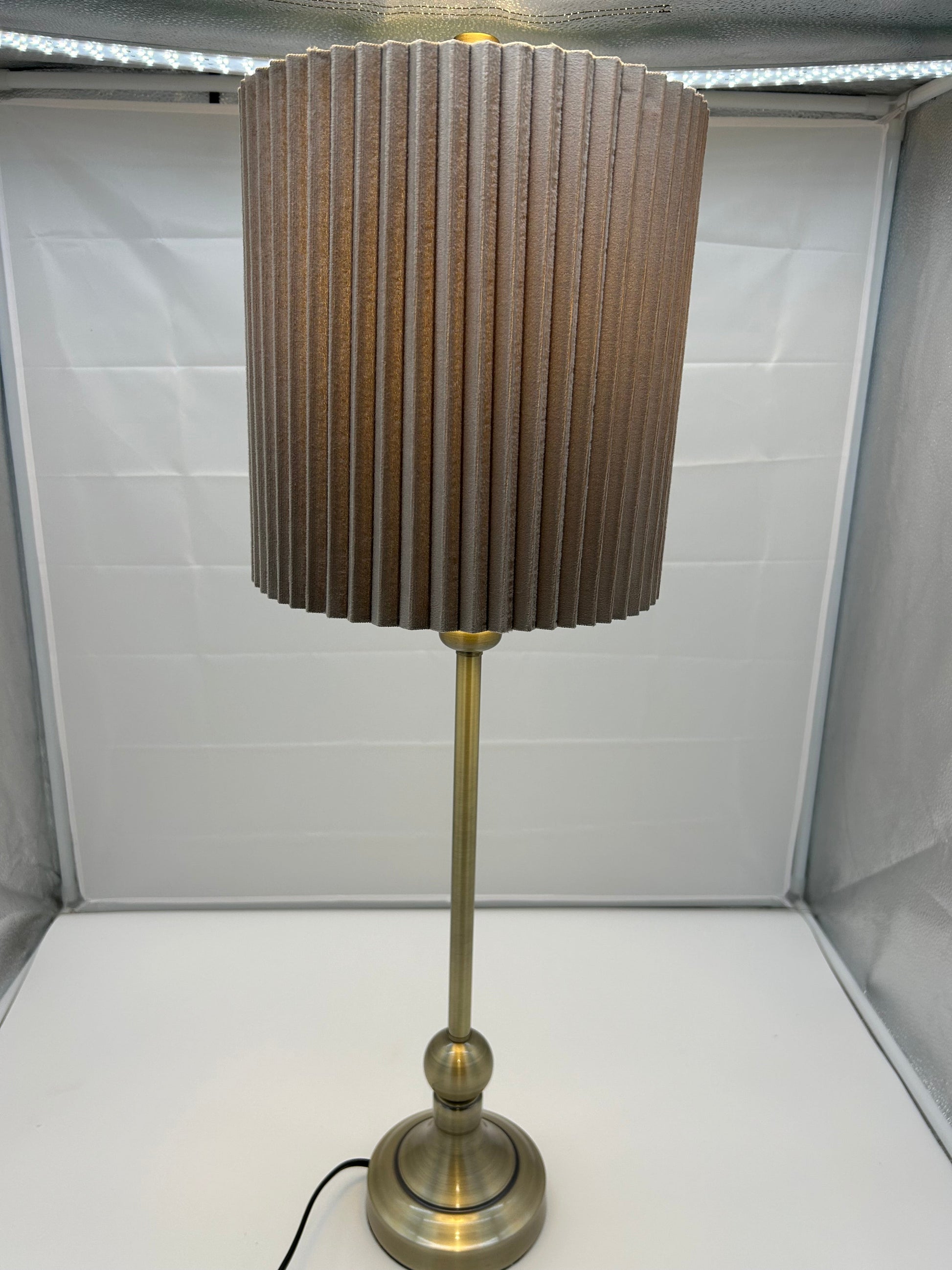 Elegant Gold Metal Table Lamp – Pleated Beige/Grey Shade & Classic Design - 