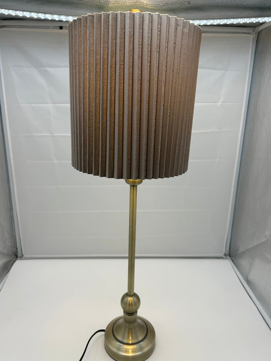 Elegant Gold Metal Table Lamp – Pleated Beige/Grey Shade & Classic Design - 