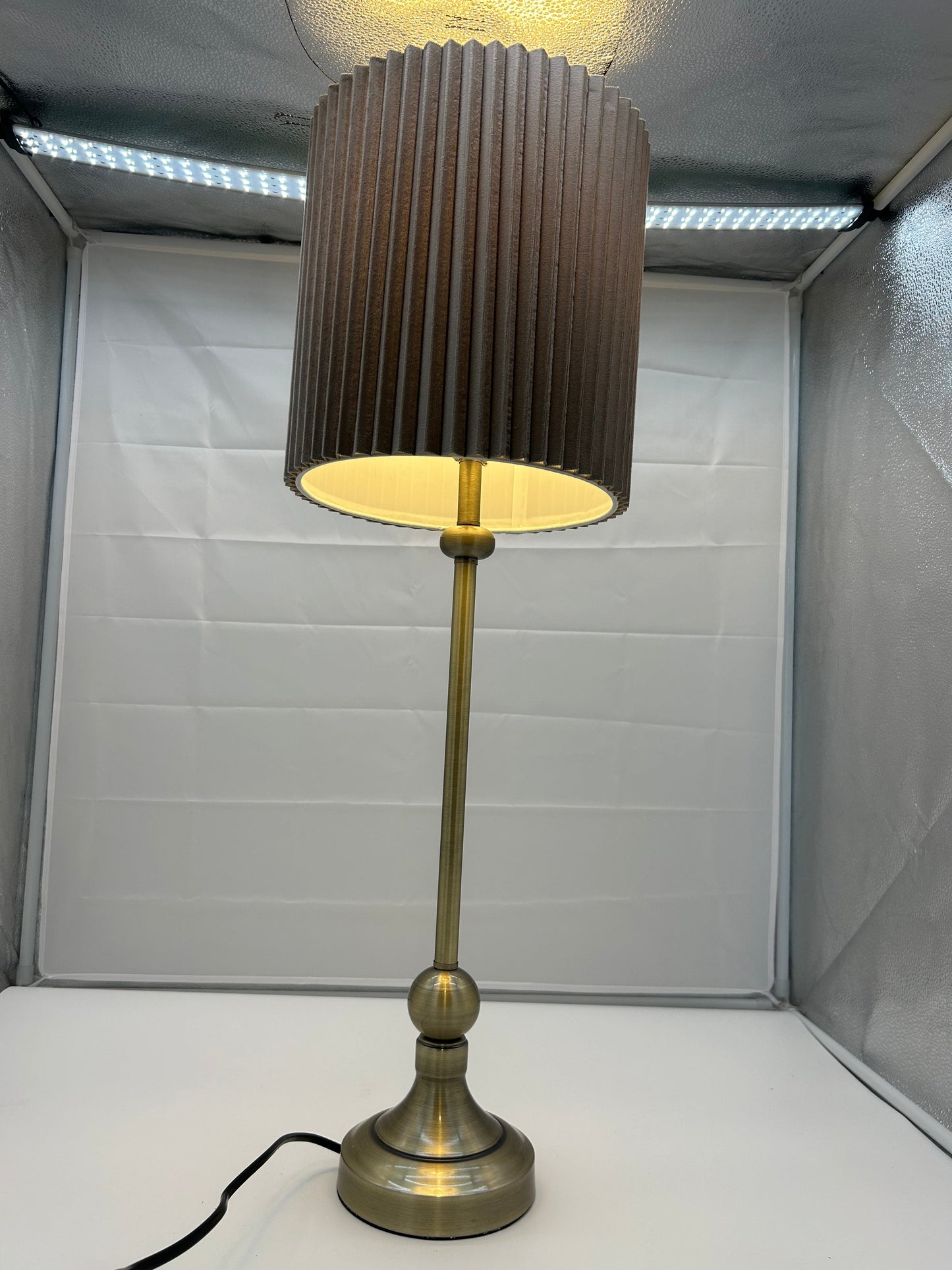 Elegant Gold Metal Table Lamp – Pleated Beige/Grey Shade & Classic Design - 