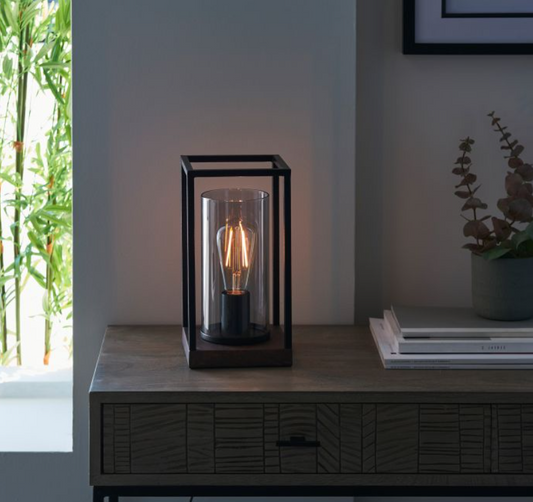 Industrial Black & Bronze Table Lamp – Steel Frame & Glass Cylinder Shade - 