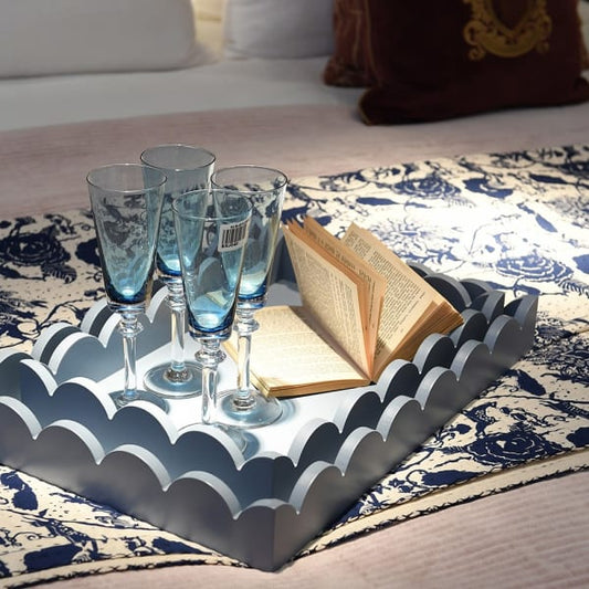 Scalloped Edge Decorative Tray Set – Elegant Grey Finish & Wooden Design - Your Home Interiors - House & Home