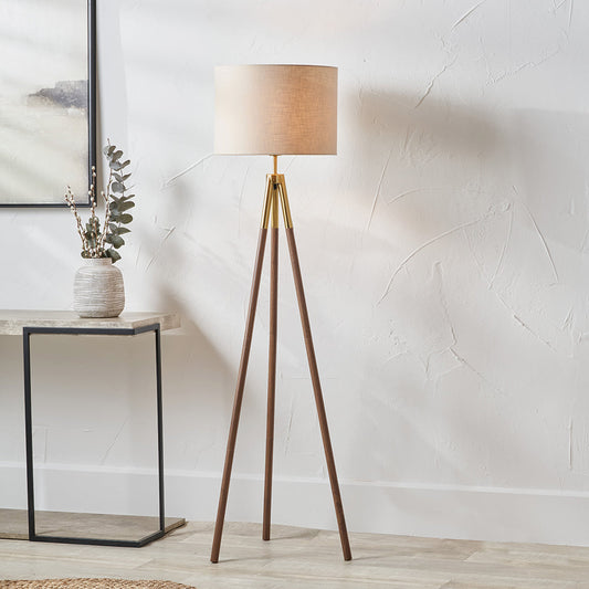 Modern Gold & Walnut Tripod Floor Lamp – Natural Fabric Shade  