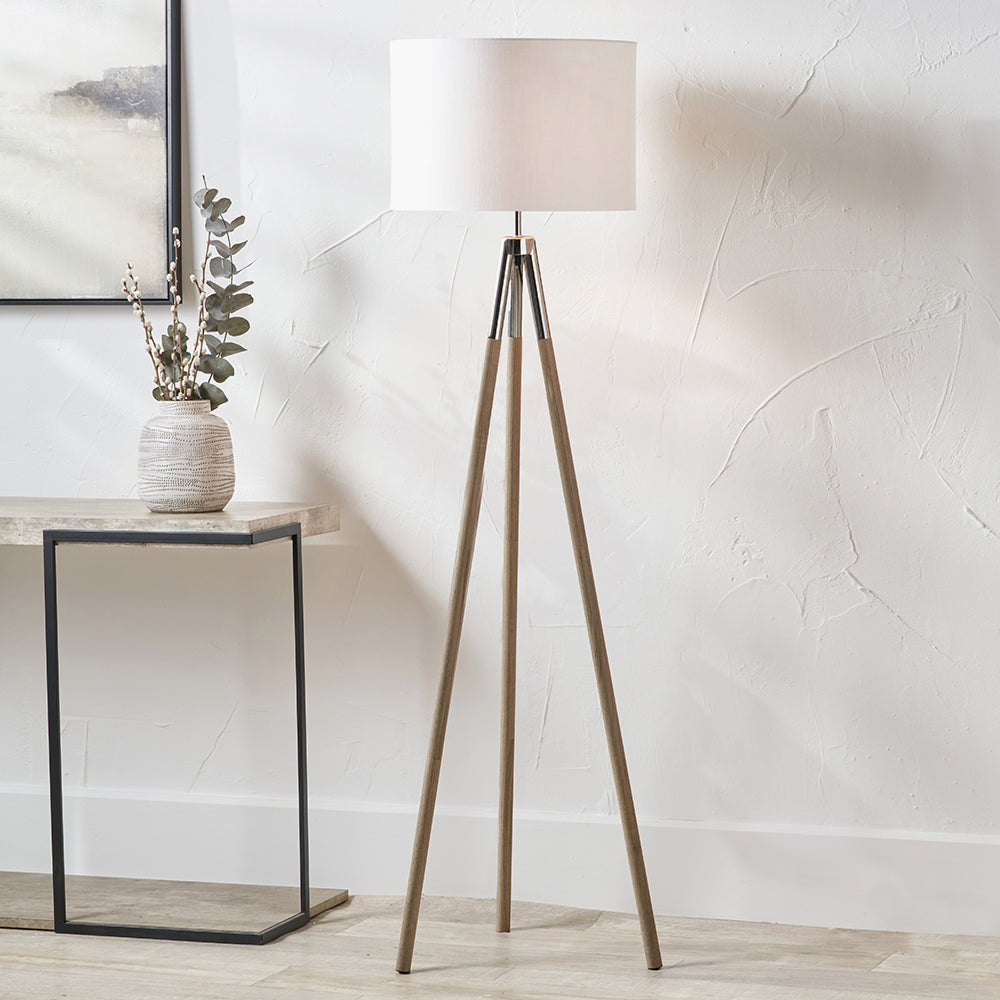 Modern Grey Wood Tripod Floor Lamp – White Fabric Shade & Silver Accents  