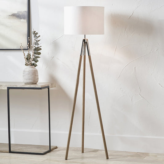 Modern Grey Wood Tripod Floor Lamp – White Fabric Shade & Silver Accents  