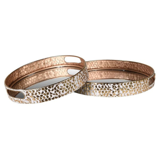 Elegant Hammered Metal & Mirror Tray Set – Round Design with Cutout Handles - Your Home Interiors - House & Home