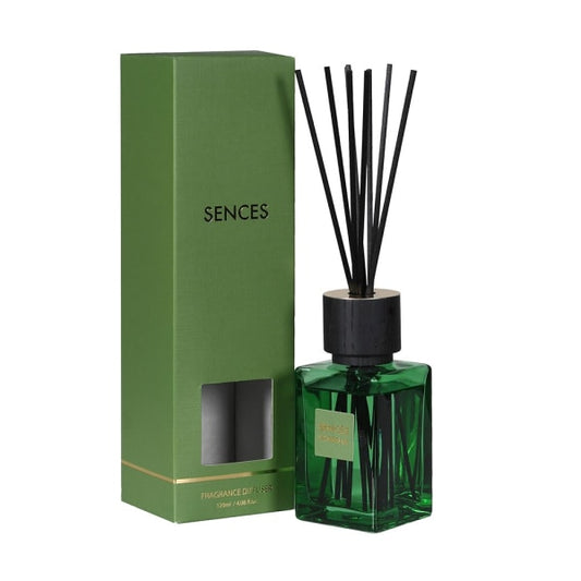 Elegant Dark Green Glass Reed Diffuser – Rubber Wood Cap & Fiber Sticks - Your Home Interiors - House & Home